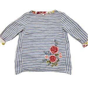 J. Jill Love Linen Embroidered Striped Floral Tunic Top Women's Small Lagenlook